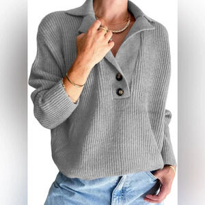 LILLUSORY Light Gray Henley Knitted Pullover Sweater Tops Size L EUC